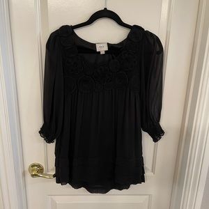Eci Black Flower Rose Chiffon Blouse
